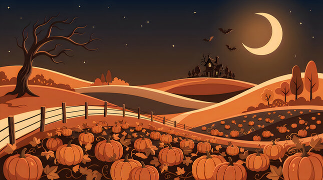 Pumpkin field under crescent moon with spooky house and barren tree on halloween night.