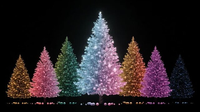 Vibrant multicolored christmas trees with ornaments on black background festive holiday display