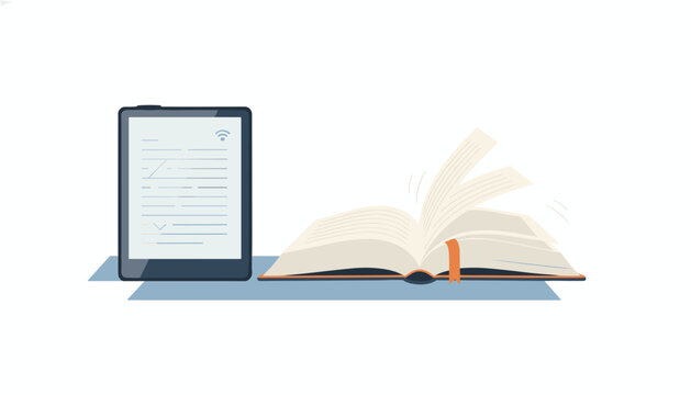 Modern ebook reader tablet placed next to an open physical book with fluttering pages to represent the evolution of reading and digital media.