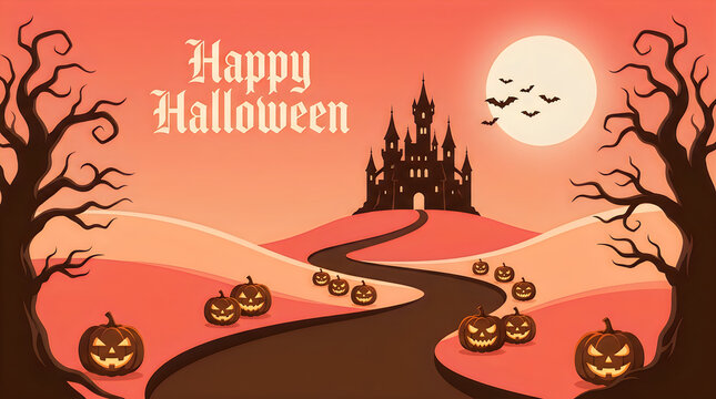 Happy halloween scene with spooky castle, full moon, bats and carved pumpkins.