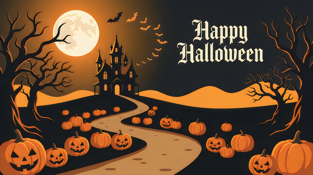 Happy halloween night landscape with haunted castle, full moon, bats and pumpkins.