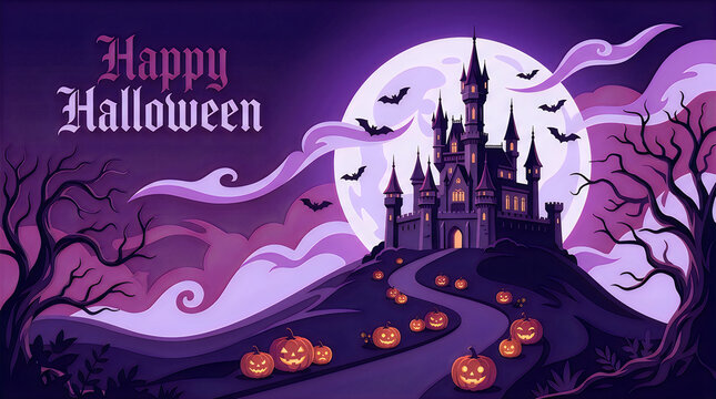 Happy halloween night with spooky castle, full moon, bats, and glowing pumpkins.