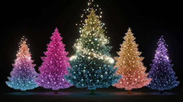 Five colorful gradient christmas trees with ornaments and lights on black background