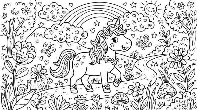 Cute cartoon unicorn walking through a magical landscape with a rainbow and flowers on a children's coloring page.