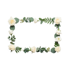 Fototapeta premium White roses and eucalyptus floral rectangular frame isolated on transparent background