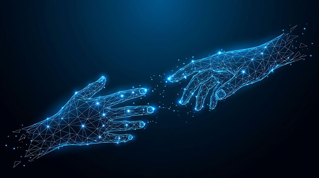 Futuristic digital glowing wireframe hands reaching connection background