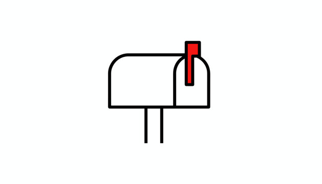 Simple line art illustration of a residential mailbox with a raised red flag indicates outgoing mail delivery.