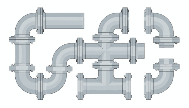 Technical illustration of various industrial steel pipes, elbows, and flanges for plumbing and engineering.