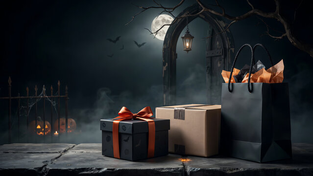 Halloween night scene with gifts jack-o'-lanterns bats under a full moon and spooky trees jack o lantern gift box