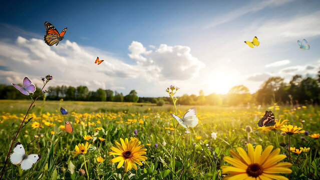 Butterflies fluttering over a sunny meadow with wildflowers blue sky butterfly wildflowers sunlight wildlife outdoors landscape peaceful ecosystem