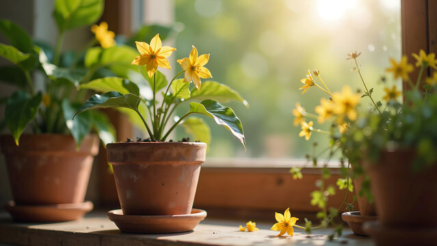 Potted yellow flowers on a windowsill bathed in warm sunlight with windowsill sunlight peaceful botanical
