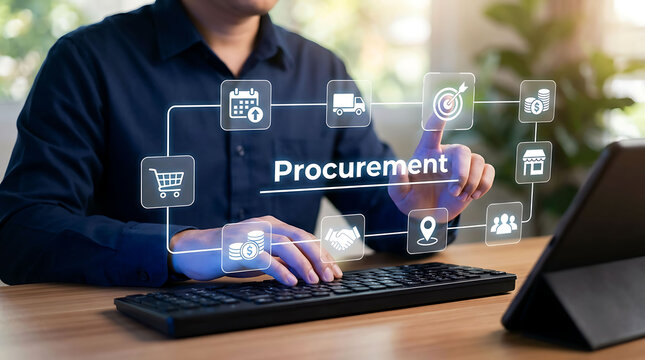 Businessman using keyboard touching procurement icon supply chain management screen
