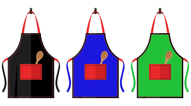 Vibrant set of colorful cooking aprons featuring wooden spoons in pockets rendered as professional vector illustration
