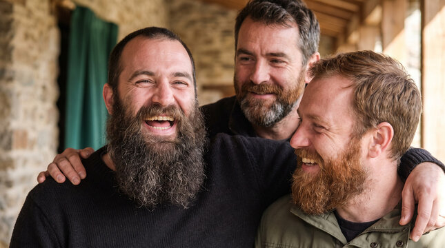 Group of bearded men laughing together in a rustic setting  