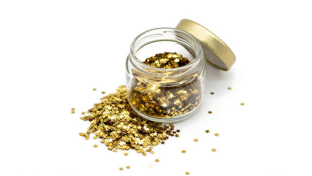 Jar of gold glitter flakes with confetti decoration celebration metallic background isolated container sprinkle particles abstract scrapbooking crafting