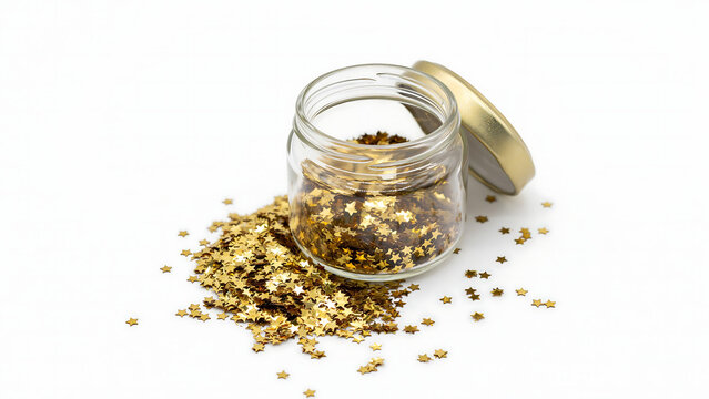 Glass jar filled with golden star confetti and scattered outside confetti decoration celebration container background isolated scattered new year birthday