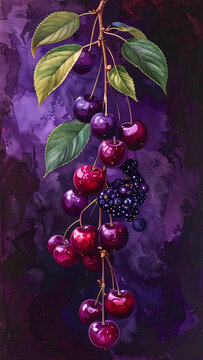 Dornfelder tall watercolor dark cherries elderberries creating inky purple rich granulation dramatic depth generative AI