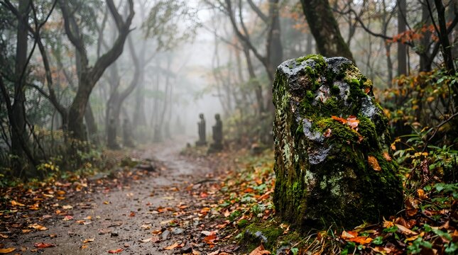 Serene Japanese Forest Path with Ancient Jizo Statues in Misty Autumn.