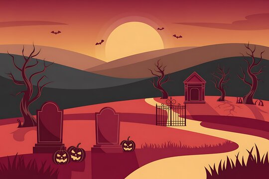 Stylized landscape with desert plants and a vibrant sunset in shades of red and orange