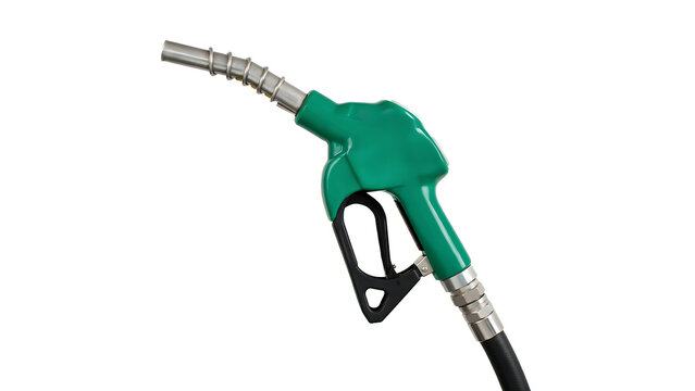 Green fuel pump nozzle with silver flex hose gas pump filling station service station dispenser gasoline transportation automotive industry consumption