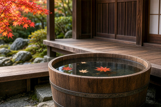 Large wooden tub filled with water and floating autumn maple leaves in a Japanese garden near engawa