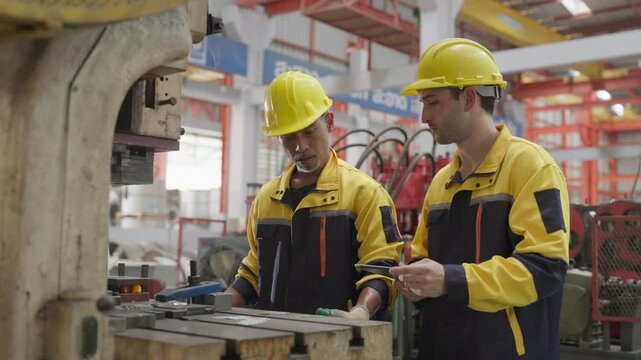 Diverse male engineers discussing machine operation using tablet inside factory, Senior Asian and Young caucasian male workers collaborating industrial manufacturing plant technology