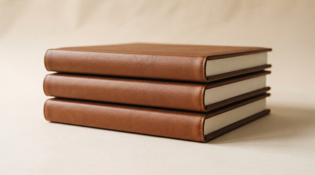 A stack of three identical books with textured brown leather covers and thick white pages, ad social media download thambnail poster web template event festival 2026 2027 2028