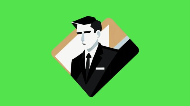 Businessman wearing a dark formal suit and tie stands inside a geometric diamond frame against a vibrant green background illustration.