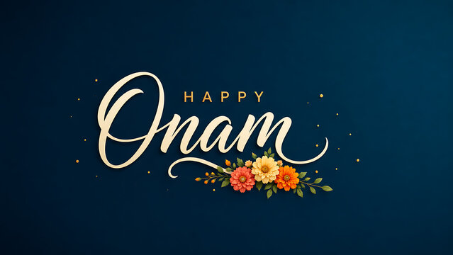 Elegant typography text wishing happy onam decorated with beautiful bright flowers against blue background honoring grand south indian festival in kerala state