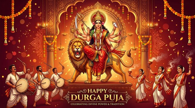 Happy durga puja celebration with goddess durga on lion, devotees playing drums and performing aarti