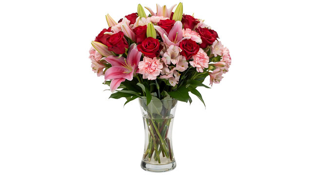 Vase filled with a arrangement of red roses pink lilies pink carnations cut flowers carnations arrangement blossoms decoration celebration anniversary botanical horticulture