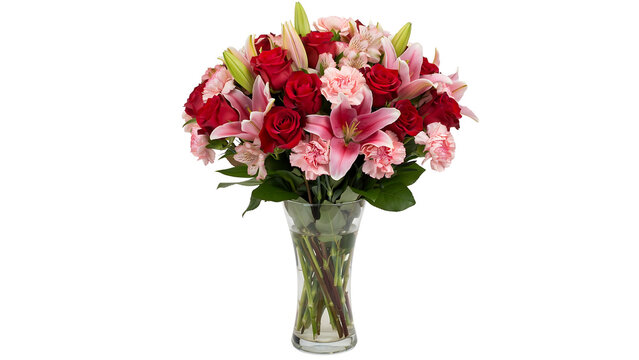 Vase filled with a arrangement of red roses pink lilies pink carnations cut flowers carnations arrangement blossoms decoration celebration anniversary botanical horticulture