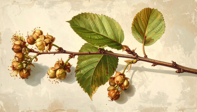 Hazel branch with catkins and ripe nuts laid sideways in vintage chromolithograph plate generative AI