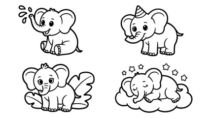 Obraz premium Cute Baby Elephant Coloring Page Vector Set with Cartoon Animals Sleeping on Clouds Wearing Party Hats and Spouting Water for Kids Activities.