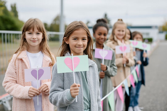 Group of children holding colorful heart-shaped signs during an outdoor event, standing in a line with festive decorations and a cloudy sky in the background