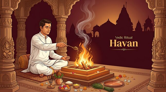 Vedic ritual havan ceremony with priest and fire pit in a traditional temple setting