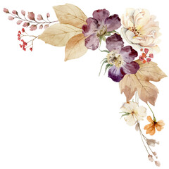 Watercolor Floral Corner Border with Autumn Leaves. Perfect for greeting cards, invitations, posters, stationery, scrapbooking, and fall-themed designs. © ElenaMedvedeva