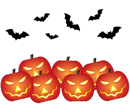 Halloween Pumpkins and Flying Bats Isolated on White Background. Resizable and editable.