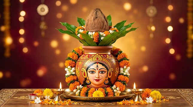 Decorated kalash with goddess face, coconut, mango leaves, and flowers for hindu festival
