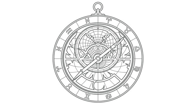 Vintage astrolabe navigation tool with zodiac engravings.