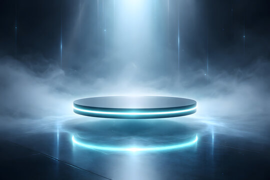 Abstract sci-fi neon portal with glowing blue platform and light rays