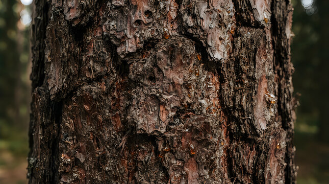 Close-up texture of rough pine tree bark in soft natural forest light with blurred background