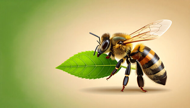 Leafcutter bee carrying green leaf piece in clean vector botanical infographic illustration generative AI