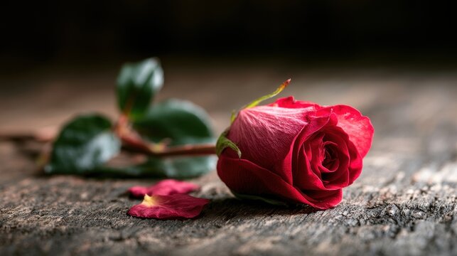Single red rose on wood surface