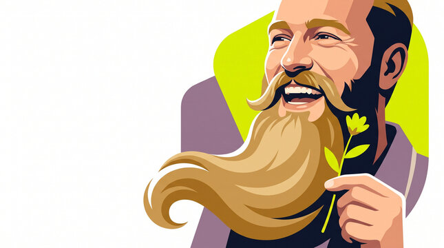 Smiling man with a long beard holding a green plant in his hand  