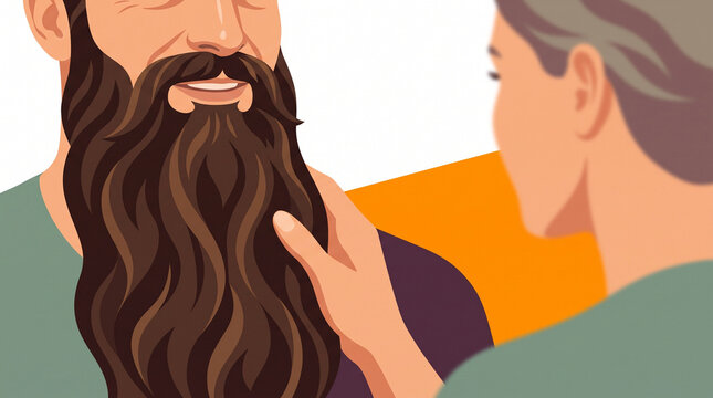 Woman touching a man's beard with admiration in a colorful setting  