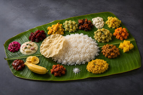 Traditional vegetarian sadya feast served on green banana leaf with rice and curries for happy onam grand south indian festival in kerala