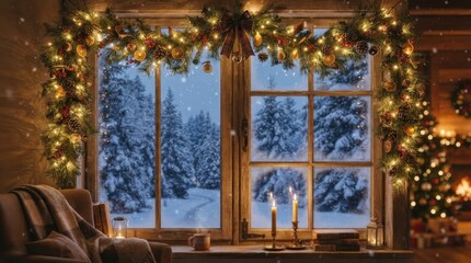 Fototapeta premium Cozy Christmas window view with snow falling outside and warm lights inside
