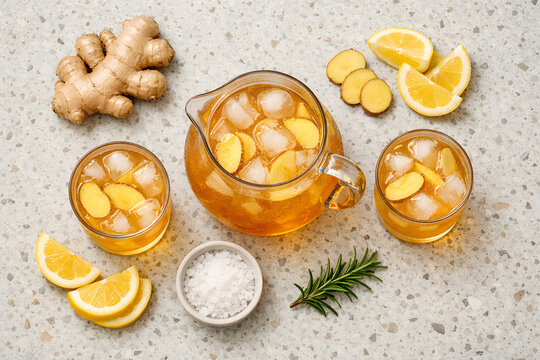 Cold ginger tea with fresh lemon slices and spice arrangement