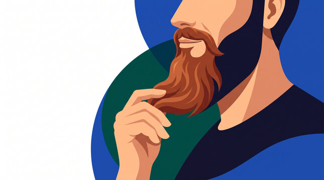 Man with a red beard thinking and touching his beard in a colorful design  